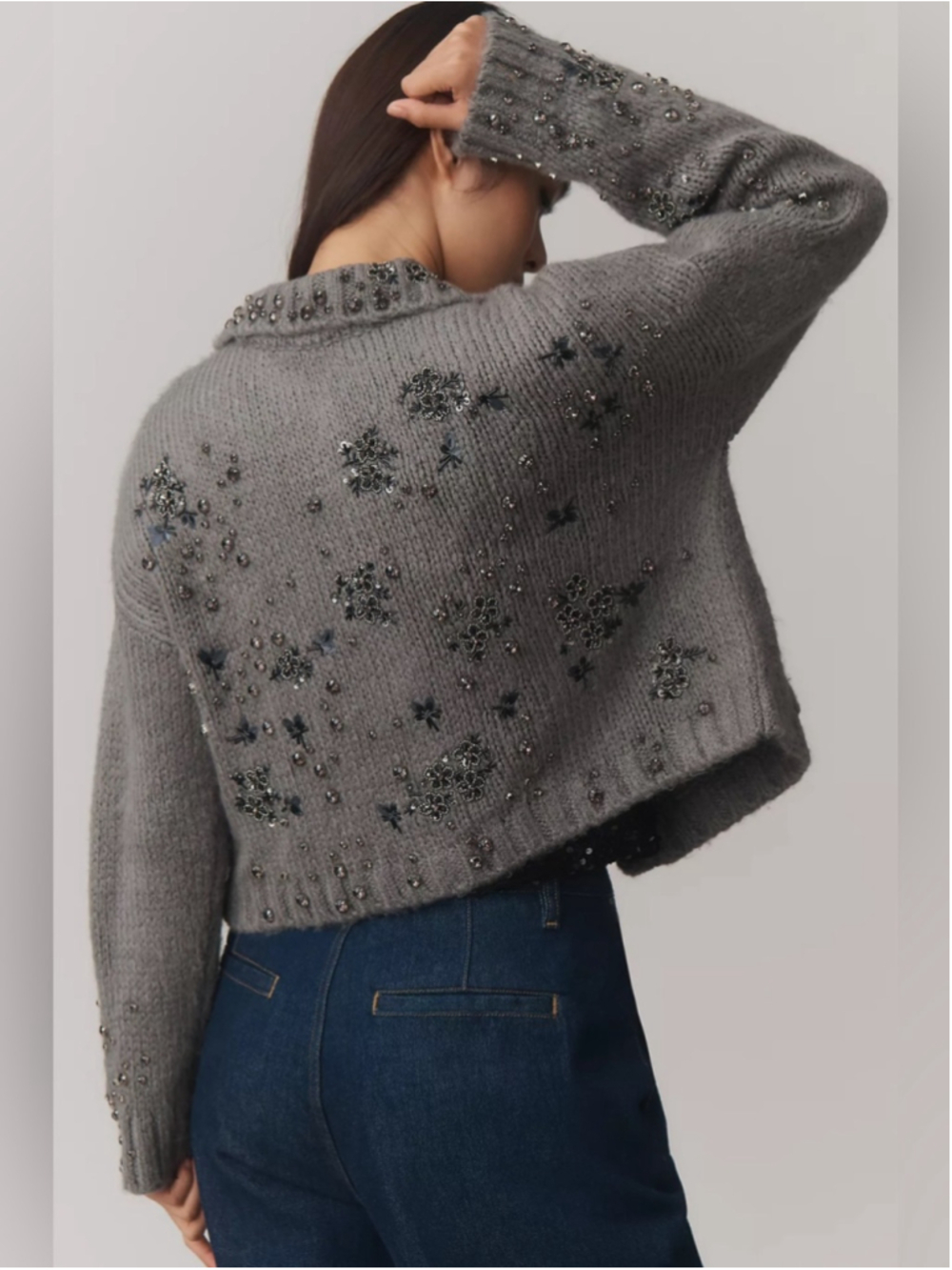 Pilcro Embellished Floral Collared Cardigan Sweater Grey Medium Anthropologie - Picture 2 of 14